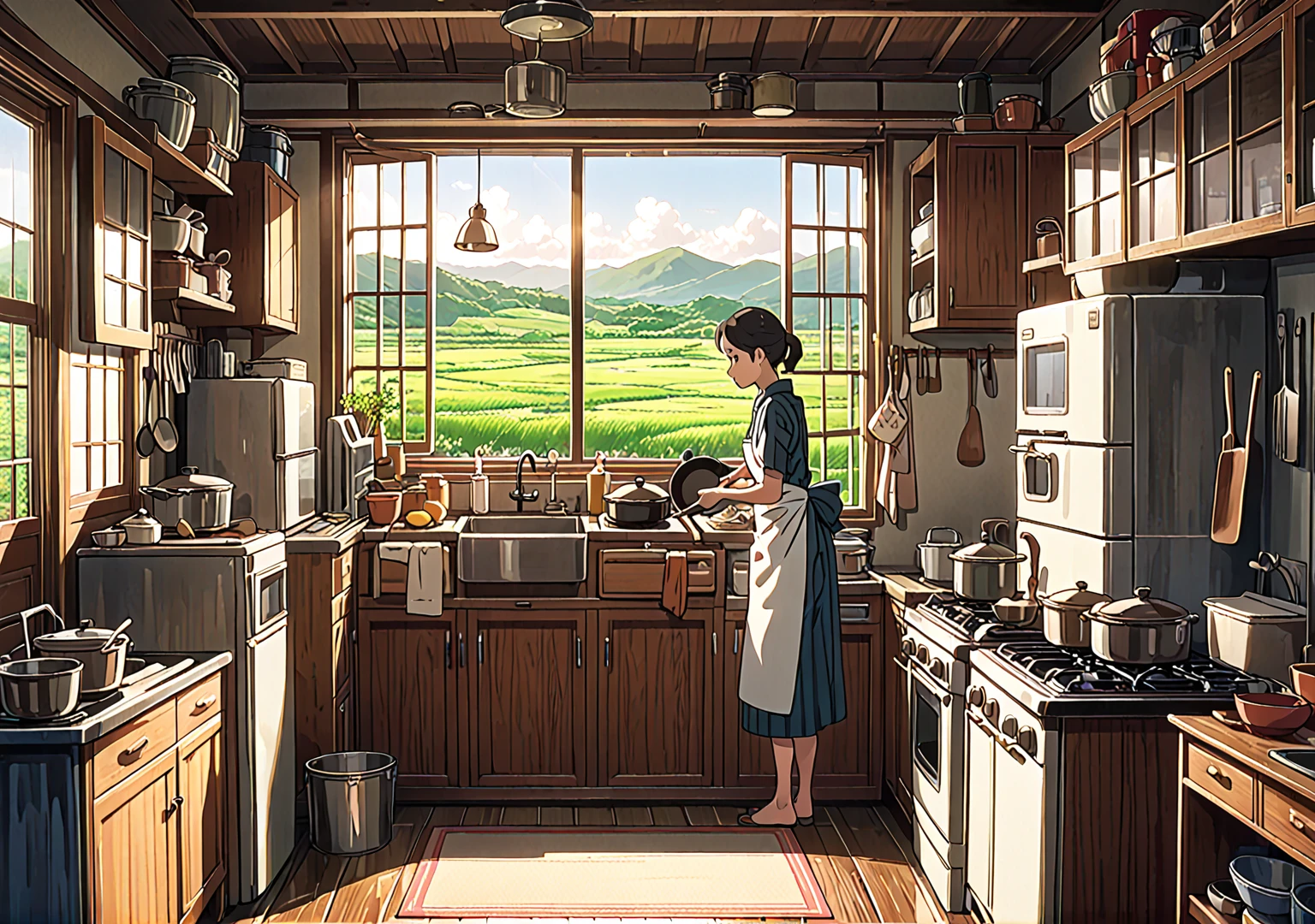 A young mother in her 40s is cooking in an old, rustic Japanese kitchen. She is seen from behind, wearing casual home clothes and an apron. The kitchen is narrow and filled with vintage decor, including a small sink, wooden cabinets, and old appliances like a microwave, a gas stove, and a retro refrigerator. Pots, pans, and various kitchen utensils are hanging around. The window shows a peaceful rural landscape outside. The scene has a warm, cozy feel with soft, natural colors and minimal contour lines, in an anime-style touch.
