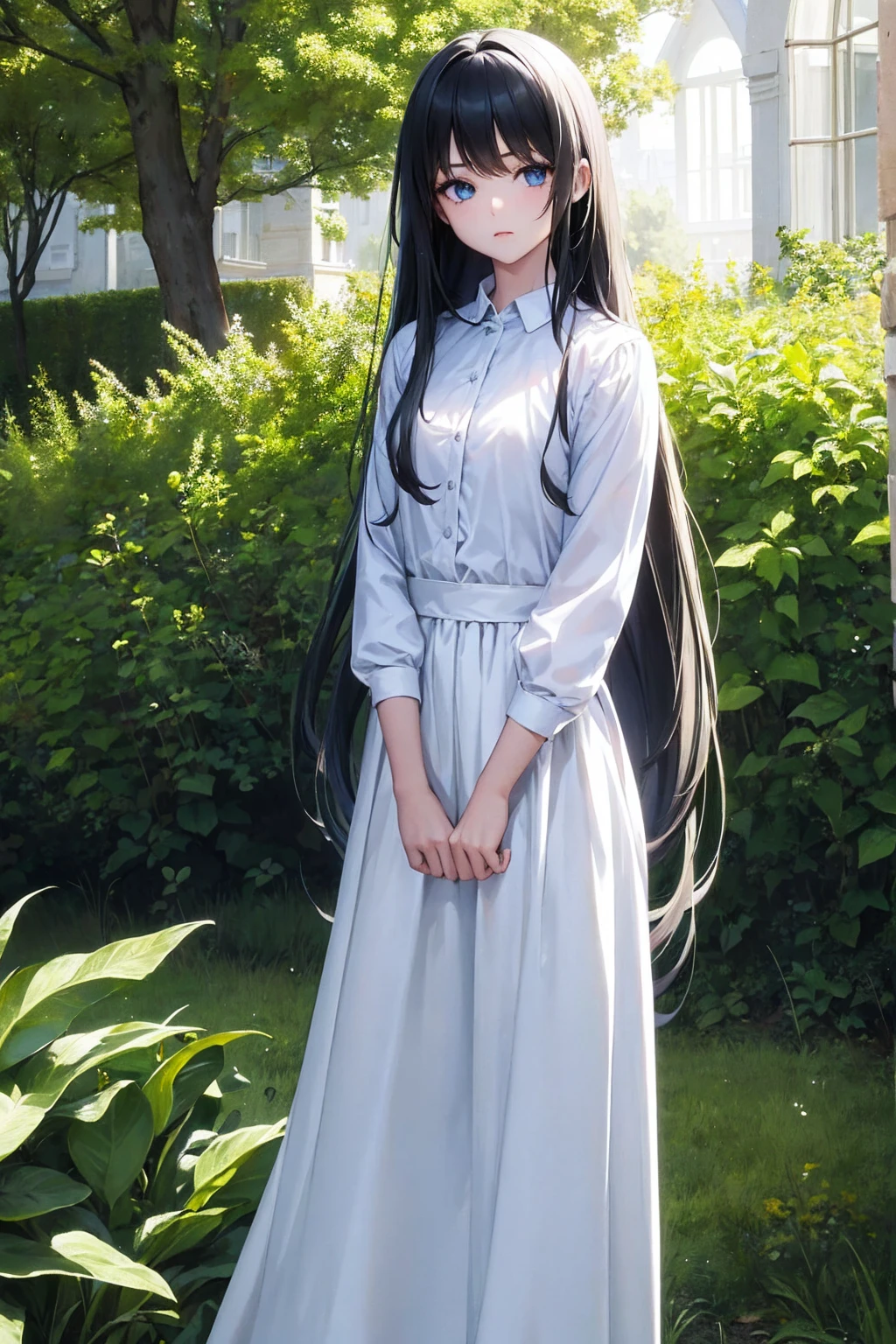 Masterpiece,stunning realistic, best quality, sharpness, 1 girl,9 years old,long hair,dark green hair,(messy hair:1),dark blue eyes,(arms behind back:1),standing in a garden,white very big shirt,white very long shirt,very long skirt