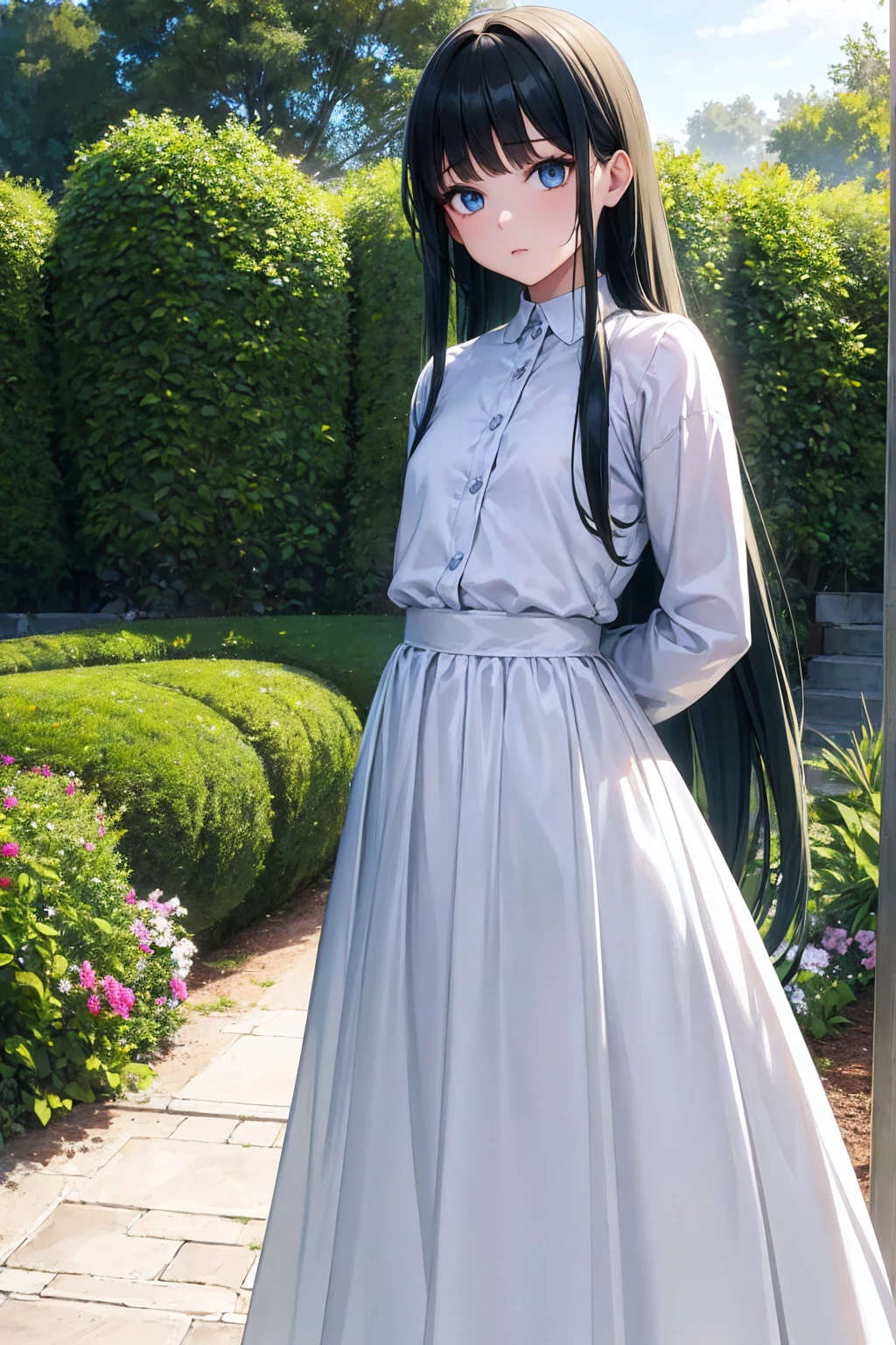 Masterpiece,stunning realistic, best quality, sharpness, 1 girl,9 years old,long hair,dark green hair,(messy hair:1),dark blue eyes,(arms behind back:1),standing in a garden,white very big shirt,white very long shirt,very long skirt