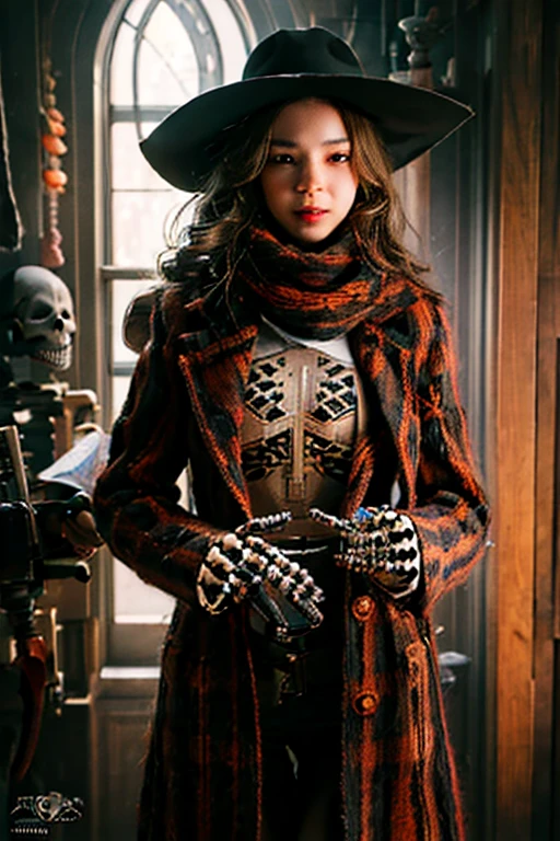 Young beautiful girl, Emma Myers, American, SOFT SMILING FACE, HAVE A BROWN HAIR, wears a old cowboy hat, wears old-fashioned clothes, wears old torn scarf, 19th century, poverty-stricken clothes, old torn clothes, 19th century period clothing, holding a bouquet, standing before her grandparents' tombstones, cemetery background, dark cities background, night time, midnight background.

The Smiling and widely mouth laughing Skeleton Woman from Bloodborne.

A black-haired girl wields the Heavy Thrusting SCYTHES and equip the SHOTGUNS from within the Elden Ring in a reverse grip.

Blooded Background.

((((Closer Face,Detailed,Two Sides,Left,Good,Right,Evil,Armies of Deads, Skeletons))))

The Monstrously Cannibalism Clockwork Flaming Lanterns from Bloodborne. The Monstrously Cannibalism Clockwork Thorny Wheels Robot Droid Nun and Knights From Bloodborne.

a close up symmetrical portrait of a cyberpunk gangster, biomechanical, mshn robot, splashes of orange red, hyper realistic, intricate design, (insanely detailed:1.4), (extremely fine details:1.35), Extremely sharp lines, steel, cinematic lighting, Photorealistic, a detailed painting by Ayami Kojima and Lilia Alvarado, (best quality, high quality, absurdres, intricate detail, masterpiece, cinematic), highly detailed, motion blur, film grain, noise, lens effects,