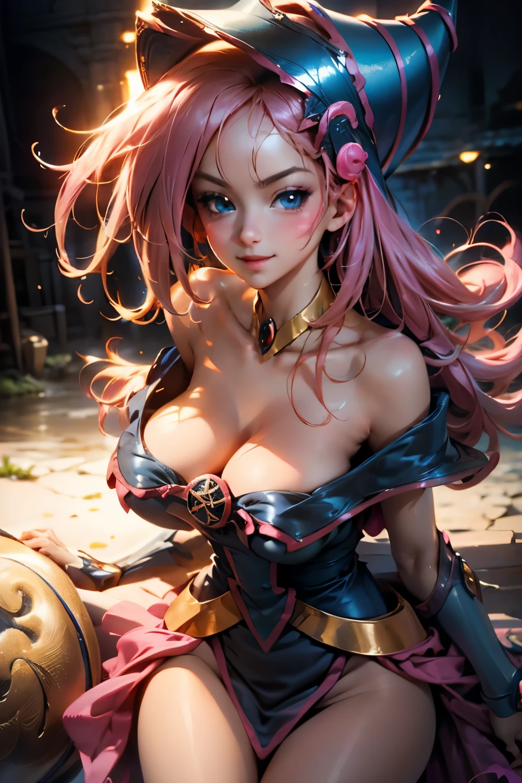 Beautiful face of dark magician gils naked blue eyes. pink lips. Long blonde hair. bare shoulders, angelic smile, beautiful well detailed face of dark magician gils. blowing a kiss. sexy kiss . naked breasts. Nice big and beautiful breasts.