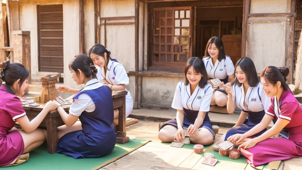 beautiful girl, thai massage uniform, several people sitting around a table Playing Cards in a village, shutter stock, card game, gambling, Getty Imagesส์, playing poker, Play the game, warehouse, Picture taken on 2 0 2 0, family playing, Playing Cards, Amusing, Implementation in early 2020, Thai, poker, stock photo, warehousephoto, A wonderful masterpiece, Getty Images, thai massage dress, big boob, short sleeve