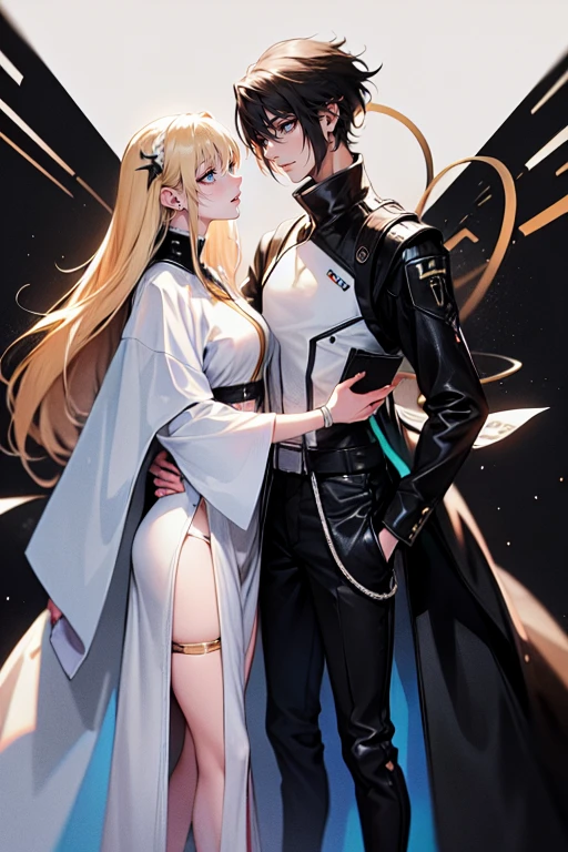 (tall man, (man is taller than me woman) messy black-haired man wearing a sexy space outfit.),(a thin woman, long blonde hair, green eyes, wearing scifi space outfit) best quality, adorable, ultra-detailed, illustration, complex, detailed, extremely detailed, detailed face, soft light, soft focus, perfect face. illustration. two people, couple: Full body