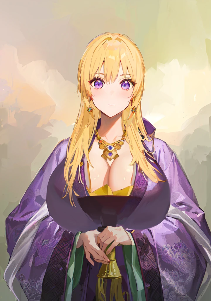 Wearing a purple robe、Cartoon image of a woman holding a bowl, ((Beautiful fantasy queen)), Produced in collaboration with Anime Painter Studio, Anime Goddess, Portrait of the Knights of the Zodiac, (Wearing noble robes)), Anime style like fate/overnight, Beautiful fantasy queen, In the anime painter studio,Three Kingdoms,Three Kingdoms志,Chinese style,antiquity,Hanfu,,巨big乳房,Good shape,Royal sister,Purple Eyes,Celluloid,big,Full figure,Noble,huge ,big ,big boods,sex body,yellow hair,Purple Eyes