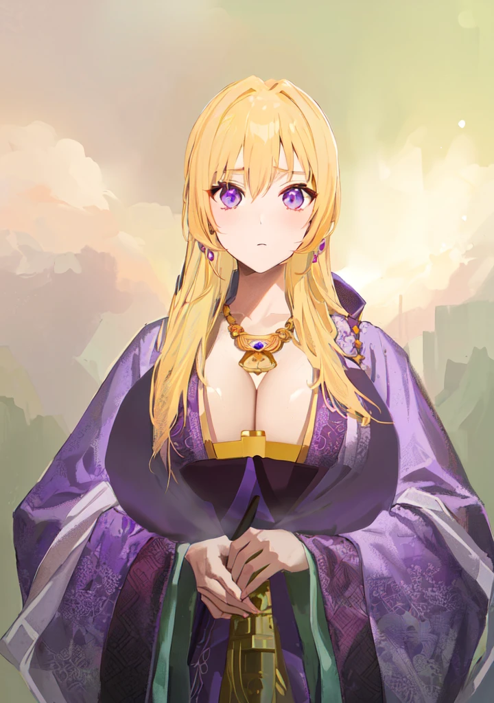 Wearing a purple robe、Cartoon image of a woman holding a bowl, ((Beautiful fantasy queen)), Produced in collaboration with Anime Painter Studio, Anime Goddess, Portrait of the Knights of the Zodiac, (Wearing noble robes)), Anime style like fate/overnight, Beautiful fantasy queen, In the anime painter studio，Three Kingdoms，Three Kingdoms志，Chinese style，antiquity，Hanfu，，巨big乳房，Good shape，Royal sister，Purple Eyes，Celluloid，big，Full figure，Noble，huge ，big ，big boods，sex body，yellow hair，Purple Eyes