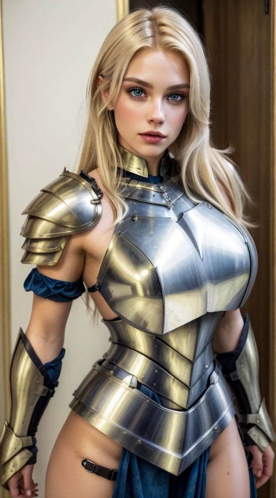 (Feminine masterpiece) short clothing, breasts big, hair blonde, and armor coverage, the lower part of the body