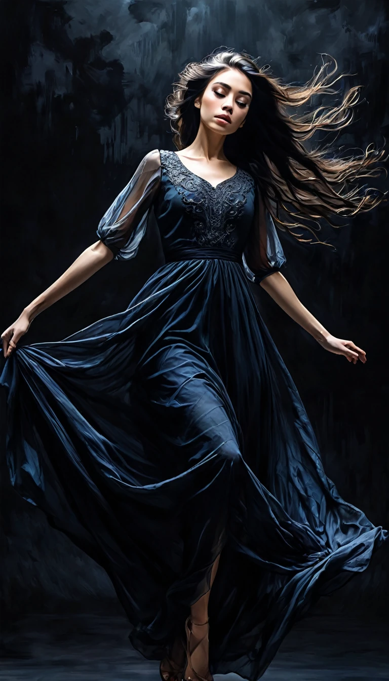 a beautiful young woman, dramatic pose, dark mood, floating in a dark void, (best quality,4k,8k,highres,masterpiece:1.2),ultra-detailed,(realistic,photorealistic,photo-realistic:1.37),oil painting,traditional media,pen drawing,sketch,tmari,white background,dramatic lighting,melancholy expression,long dark hair,elegant dress,floating in midair,mystical atmosphere,moody colors,deep shadows,ethereal,poignant