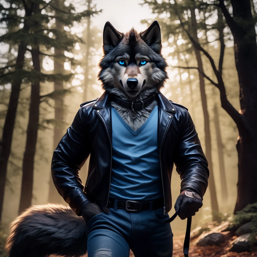 Male, 30 years old, cute, eyeliner, scared expression, black leather jacket, anthro, wolf ears, (black fur:1.5), wolf, forest background, 8k, hi res, (best quality, masterpiece), (wolf tail:1.5), detailed fur, solo, leash and collar, blue jeans, blue eyes,