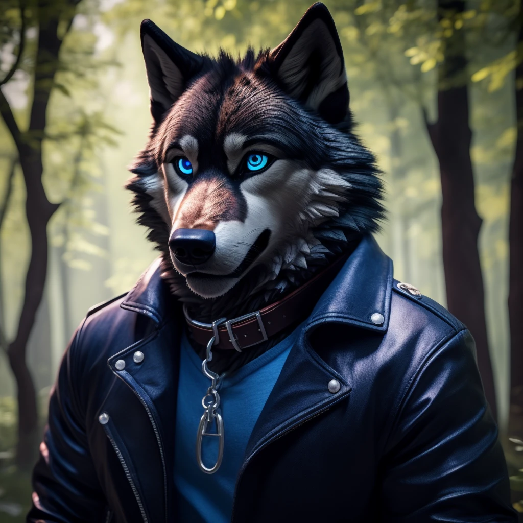 Male, 30 years old, cute, eyeliner, scared expression, black leather jacket, anthro, wolf ears, (black fur:1.5), wolf, forest background, 8k, hi res, (best quality, masterpiece), (wolf tail:1.5), detailed fur, solo, leash and collar, blue jeans, blue eyes,