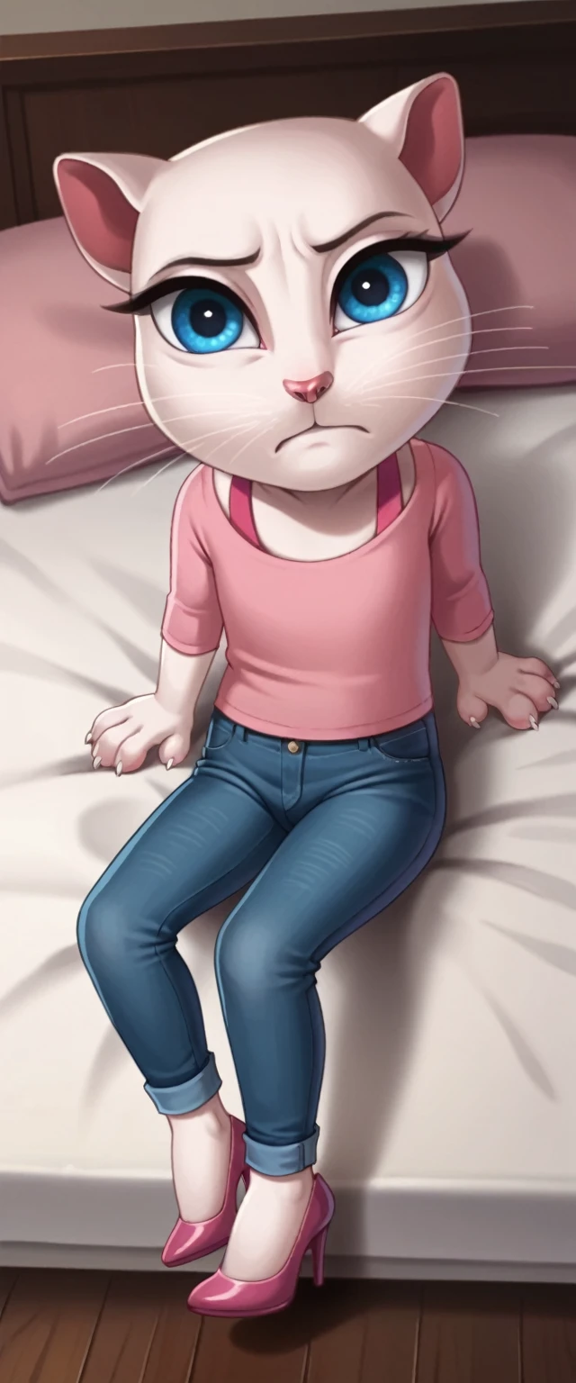 solo focus, a_la, 1girl, cat, white fur, long whiskers on both sides of the face, big bright blue eyes, big black eyelashes, pink nose, triangular ears with pink channels, high heels.jeans. 1 girl and 1 boy human. lower view. in bed. woman on her back. Man lying horizontally on the floor with his legs closed. Woman sits on man, throws him on his lap on the chair, lying, at home, looking back, big penis, rape of 1 man, girl. Score_9, Score_8_up, Score_7_