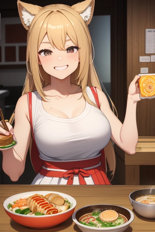 anime style, super fine illustration, highly detailed, dynamic angle, beautiful detailed, 8k, On a summer afternoon in a ramen shop, BREAK a high school girl, a food fighter, is eating a giant ramen deliciously with a smile on her face. BREAK The steaming ramen and the slight sweat on her face show her satisfaction.
