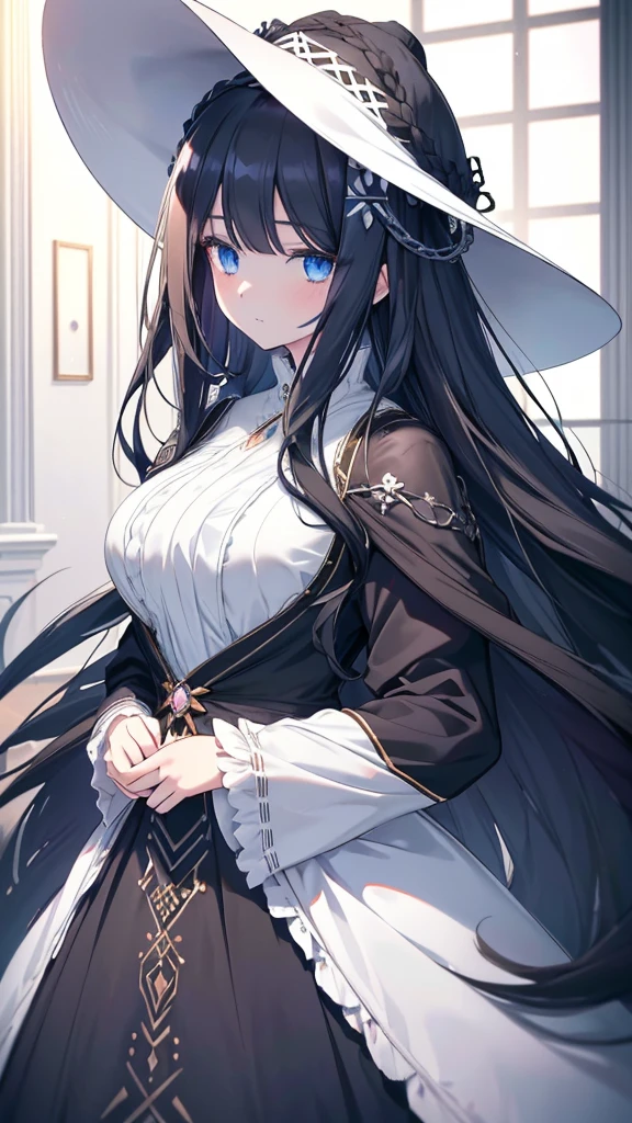 best quality, extremely detailed, anime style girl, long hair down to the waist, straight hair, ((dark black hair with bluish)),crown braid,beautiful detailed eyes, pinched eyes, dark blue eyes, gradation eyes,huge breasts,((((white English noblewoman's clothes)))),Luxury English hats,((Inside the carriage)),from side