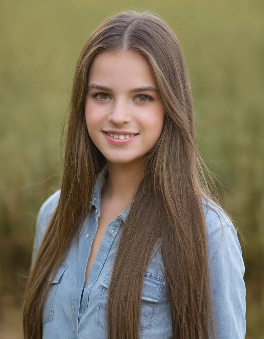 19 year old woman, pretty, very clear skin, Full mouth, long straight brown hair, styled hair, face photo, neutral facial expression, looking at the camera, realisitic