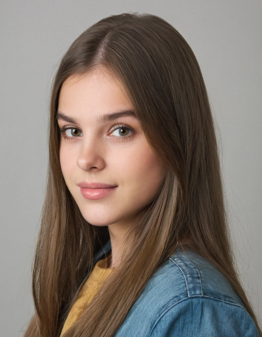 19 year old woman, pretty, very clear skin, Full mouth, long straight brown hair, styled hair, face photo, neutral facial expression, looking at the camera, realisitic