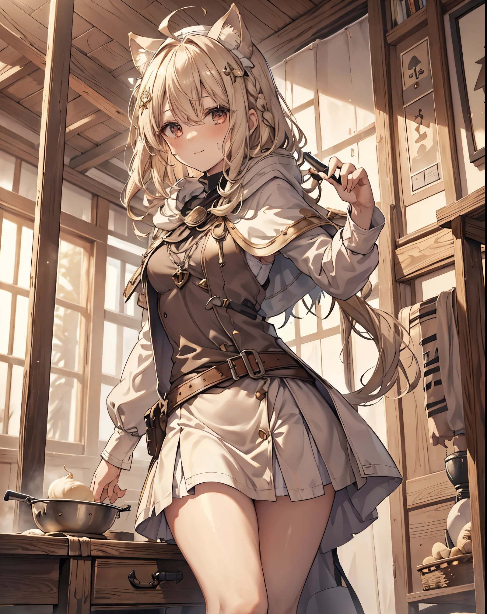 masterpiece, 1girl, sparrow, a blonde haired girl, wearing a white medieval priestess clothes, curly medium hair, messy hair, slim body, wearing golden capelet with hoody, he close her left eye, shirt ornament, seductive smile, red eyes, ahoge, black vest, baby face, big breast, beautiful breasts, rounded breasts, braid hair, white nurse cap, long sleeves, seductive eyes, white stocking, droopy eyes, miniskirt, brown skirt, plaid skirt, ass, beautiful ass, rounded ass, she standing while holding tbale, ((small neko ears)) , white white and gold fox tail, she is a Blacksmith, he is working a long sword. She is sweating, she is satisfied with fatigue, scenery.