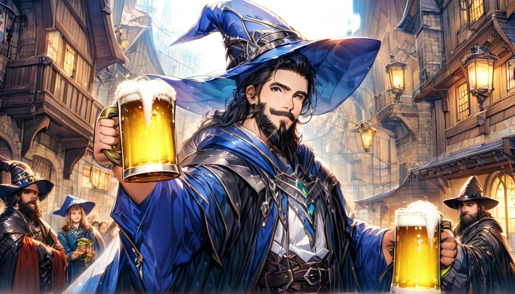 (Anime Infinite Stratus Art, 8k, ultra full high definition, epic quality, epic texture). The theme is a party in the tavern.  The setting is a medieval RPG style tavern, it is extremely detailed, it is full(1.5) of men and women of different RPG classes (knights, monks, pirates, archers, and others), (((everyone is celebrating and drinking beer))) .  The focus is a man, his name is Gozamell, he is 31 years old, he is a wizard, he is short in stature, he is bald, he has brown eyes, he has a long black beard, white skin, muscular, wide chest, wide hips, ((he wears a blue pointy wizard hat)), he wears a blue wizard robe and blue wizard pants, he is drinking beer, he has drunken features and is very happy, he is celebrating with the people in the scene, everyone likes him a lot, full body.  The atmosphere is happy, celebratory and a lot of fun.