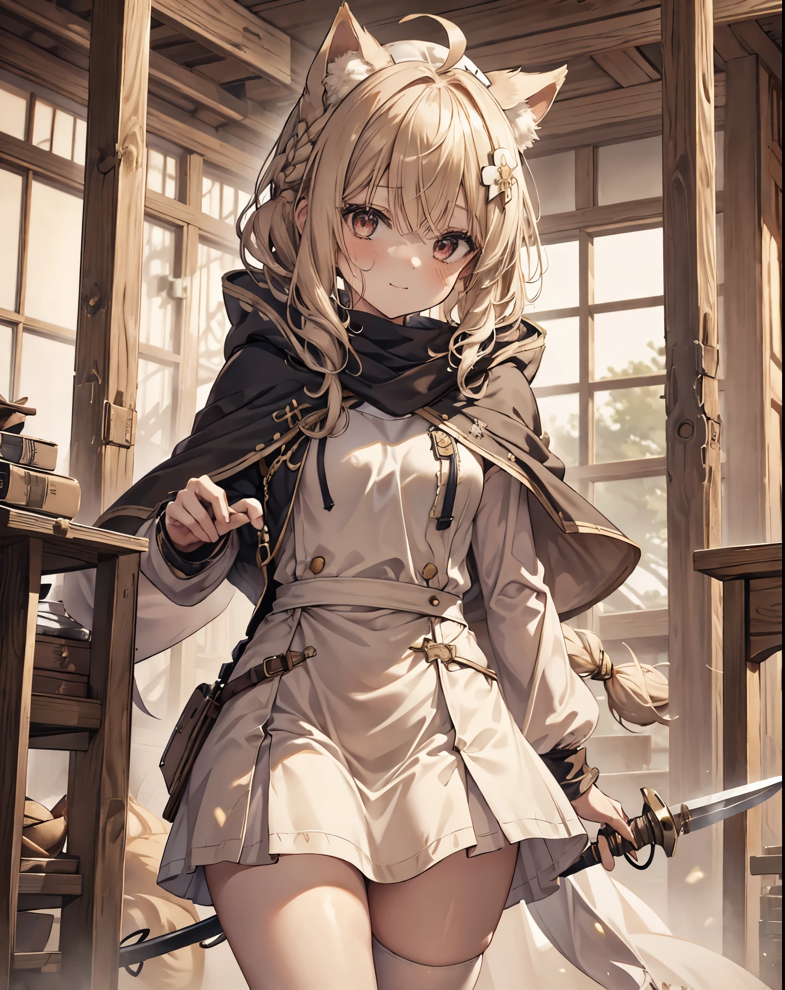 masterpiece, 1girl, sparrow, a blonde haired girl, wearing a white medieval priestess clothes, curly medium hair, messy hair, slim body, wearing golden capelet with hoody, he close her left eye, shirt ornament, seductive smile, red eyes, ahoge, black vest, baby face, big breast, beautiful breasts, rounded breasts, braid hair, white nurse cap, long sleeves, seductive eyes, white stocking, droopy eyes, miniskirt, brown skirt, plaid skirt, ass, beautiful ass, rounded ass, she standing while holding tbale, ((small neko ears)) , white white and gold fox tail, she is a Blacksmith, he is working a long sword. She is sweating, she is satisfied with fatigue, scenery. 