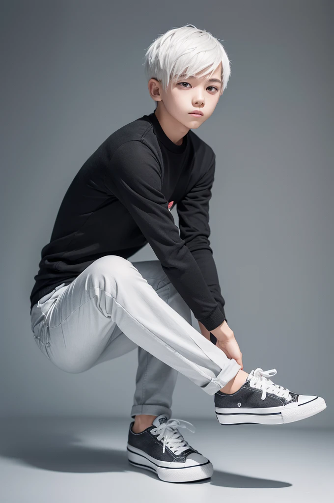 A 2d drawing of a boy with short white hair, gray pants and simple black shoes