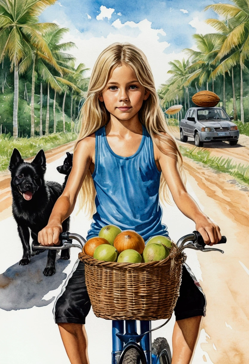 12 year old drawing, with long blond hair, with coconut, with sports clothes, on the bike, with rear view mirror and basket with three little black dogs