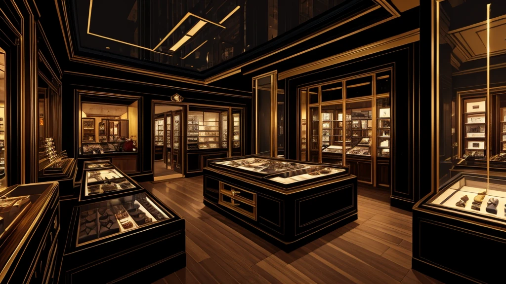 inside a jewelry store, with a balcony, black color, no humans, no persons