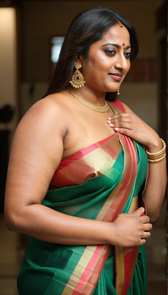 Foto RAW, photorealistic, photography, full body shot, 50 years old Woman, master shot, perfect eyes, goddess like beauty, pierced eyes, perfect thick chubby mallu Desi aunty bhabhi, Wearing a Stanapatta, a chest-band.Saree model, model Photography, Indian saree shoot, Indian traditional wear advertising photography, traditional wear brand shoot, face of Indian actress Sonakshi Sinha, masterpiece, realistic, realism, incredible details, pleasure, photorealism, detailed skin, skin pores, high contrast, photorealistic Artstation 8k HD digital art trend of high definition and detailed realistic skin texture, ultra detail, realistic skin texture, armature, best quality, ultra high definition, (photorealistic:1.4),, high resolution, detail, raw photo, sweat, Re sharp, by Lee Jefferies Nikon D850 Film Stock Photo 4 Kodak Portra 400 Camera F1.6 Lens Rich Color Ultra Real Realistic Realistic Textures Dramatic Lighting Unreal Engine Trending at Art Station Cinestill 800,(pele altamente detalhada: 1.2), 8k UHD, DSLR, soft-lighting, alta qualidade, grain of film, Fujifilm XT3,she didn't like to wear blouse or bra, she is happy to wear only saree, she hates blouse or bra, detailed hairy armpits, hyper realistic skin, skin pores, sweat, veins, short hairs on armpit, stubble armpits, hyper realistic hairy armpits, low waist saree,