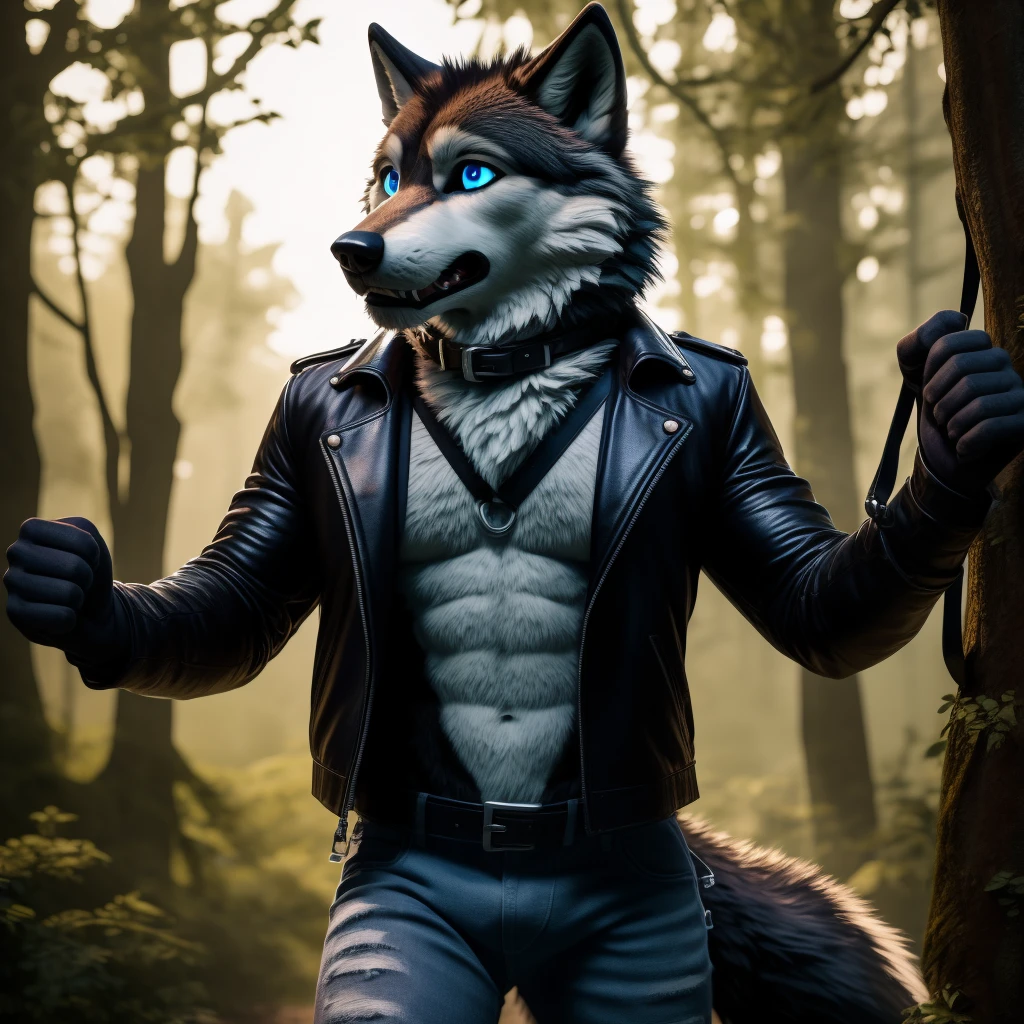 Male, 30 years old, cute, eyeliner, scared expression, mouth open, black leather jacket, anthro, wolf ears, (black fur:1.5), wolf, forest background, 8k, hi res, (best quality, masterpiece), (wolf tail:1.5), detailed fur, solo, leash and collar, blue jeans, blue eyes,