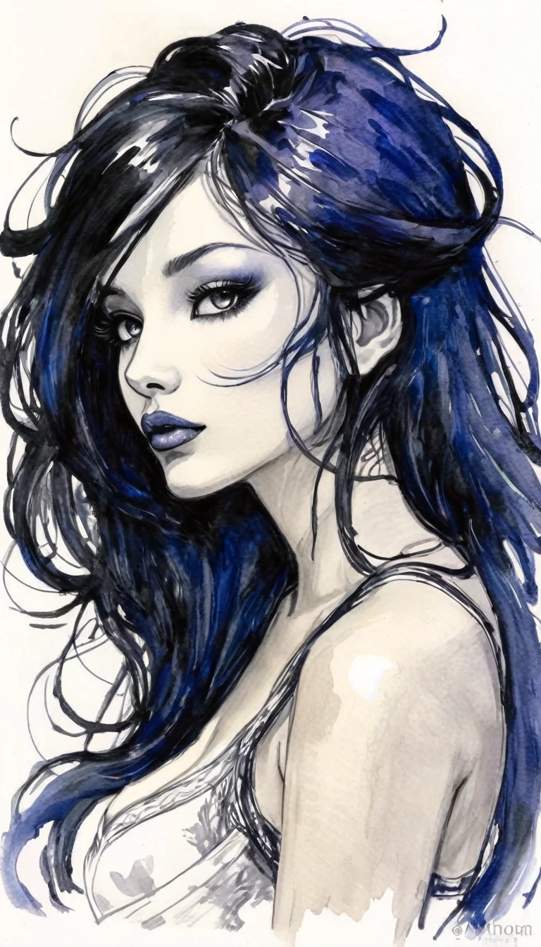 some sexy, dark, loneliness,magic , tmari, sketch, traditional media, pen drawing, white background. oil painting)
