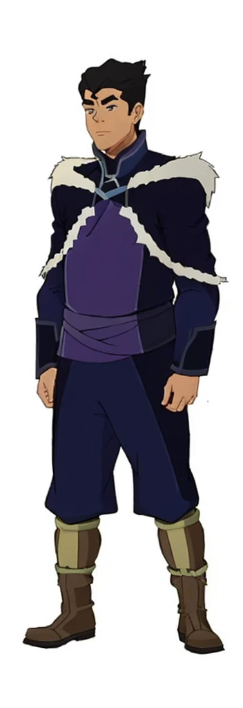 African-American, Bolin, water tribe traditional clothing mixed of blue and purple, with fur in shoulders and neck. Long sleeve, skinny, water tribe outfit. The character is wearing a blue, short-sleeved tunic with gold trim and fastenings down the front and fur collar, and fur on the shoulders. He has on dark purple pants tucked into knee-high boots. A green sash is tied around his waist. The overall style appears to be inspired by traditional East Asian clothing designs., fur on sleeves and shoulders, clothing mixed of water tribe purple and blue color and dark purple pants and skinny