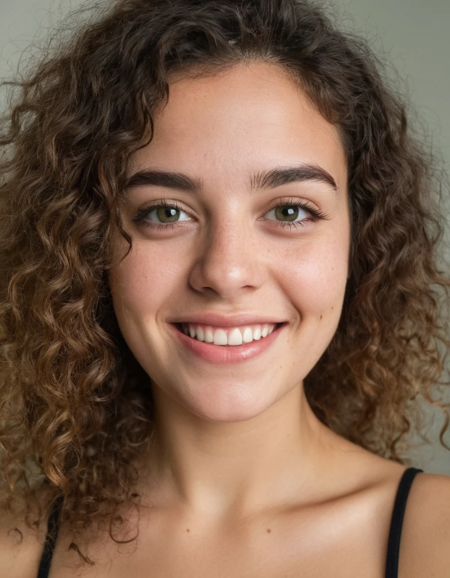 une femme magnifique de 25 ans , léger sourire , visage et yeux détaillés , éclairage naturel , , cheveux bouclés, porter un costume ajusté, grain de film, faible contraste, visage naturel , cheveux noirs , yeux verts ,Gros seins, grosses fesses,tous le corps, à la salle de sport