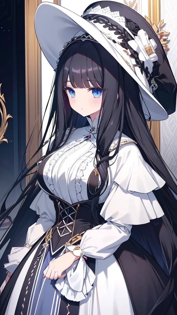 best quality, extremely detailed, anime style girl, long hair down to the waist, straight hair, ((dark black hair with bluish)),crown braid,beautiful detailed eyes, pinched eyes, dark blue eyes, gradation eyes,huge breasts,((((white English noblewoman's clothes)))),Luxury English hats,((Inside the carriage)),from side