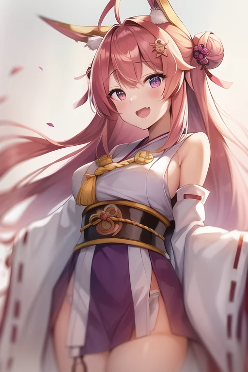 One girl, alone, Long Hair, King Kongu (Kantai Collection),Sakura Miko, Pink Hair, Double Bang, Purple eyes, Hair Bun, Ahoge, Open your mouth, Non-traditional Shrine Maiden, Removable sleeves, Brown eyes, White Background, (headgear):2, (Hair Bunド):2, smile, Sleeves edged with ribbon, Simple Background, kimono, Ribbon trim, View your viewers,  username, Upper Body, Wide sleeves, :d, King Kong