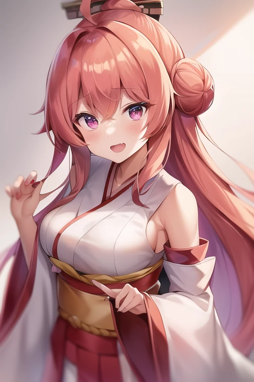 One girl, alone, Long Hair, King Kongu (Kantai Collection),Sakura Miko, Pink Hair, Double Bang, Purple eyes, Hair Bun, Ahoge, Open your mouth, Non-traditional Shrine Maiden, Removable sleeves, Brown eyes, White Background, (headgear):2, (Hair Bunド):2, smile, Sleeves edged with ribbon, Simple Background, kimono, Ribbon trim, View your viewers,  username, Upper Body, Wide sleeves, :d, King Kong