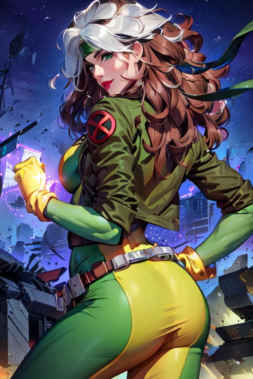 CARTOON_X_MENs_Rogue, long hair,breasts,brown hair,green eyes,lipstick,makeup,lips,white hair,two-tone hair,headband,wavy hair,large breasts, round ass, messy hair,curly hair,big_hair, yellow bodysuit,jacket,gloves,belt,yellow gloves,green bodysuit,bodysuit,multicolored bodysuit,superhero, skin tight,multicolored clothes, 1girl, solo, looking from behind, back shot, smug look on face, official art, highres, scenery, (masterpiece:1.1), (best quality,:1.1), (high quality:1.1),