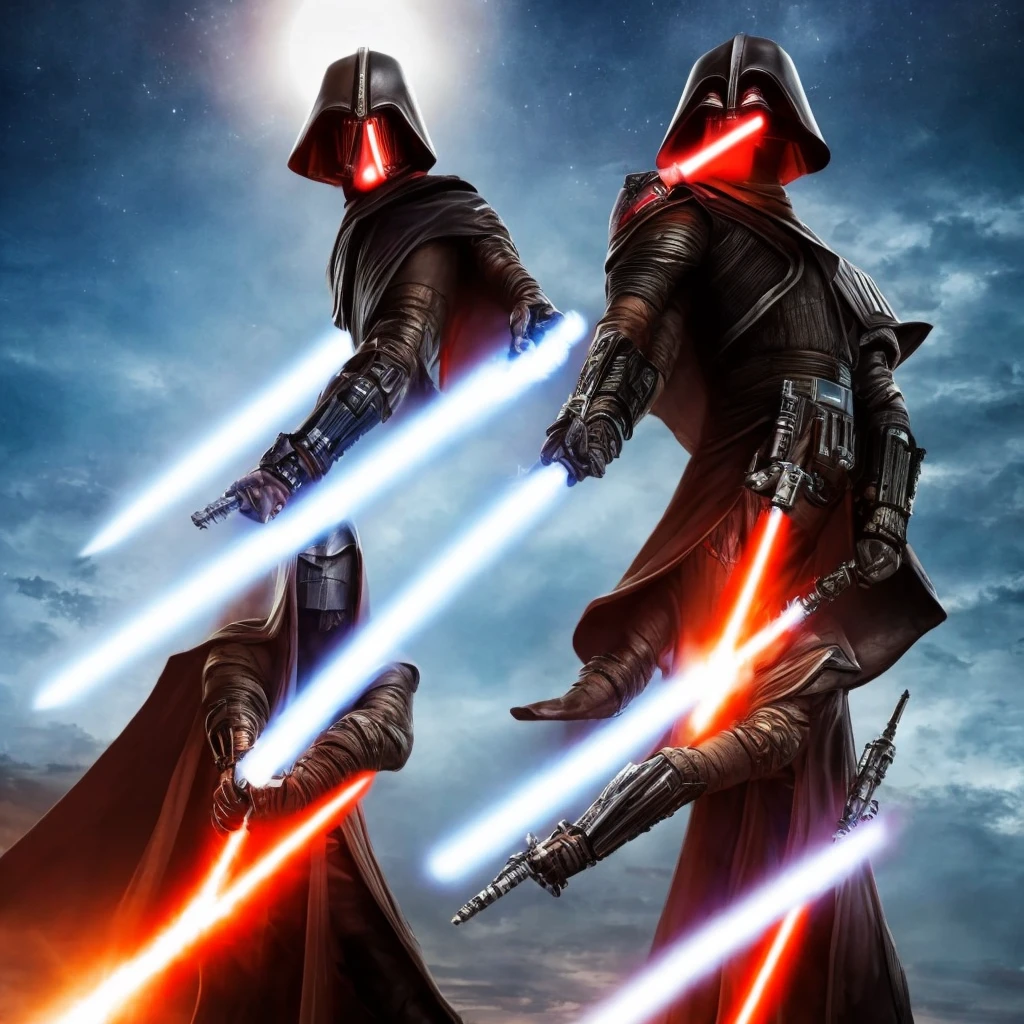 a beautiful light orange human, sunset shimmer, Jedi Knight wearing a black robe and pants, black boots, silver hilt blue bladed lightsaber, highly detailed face and features, detailed mechanical hand, cinematic lighting, dramatic atmosphere, rich colors, photorealistic, masterpiece, Star Wars, Imperial Star Destroyer in the background