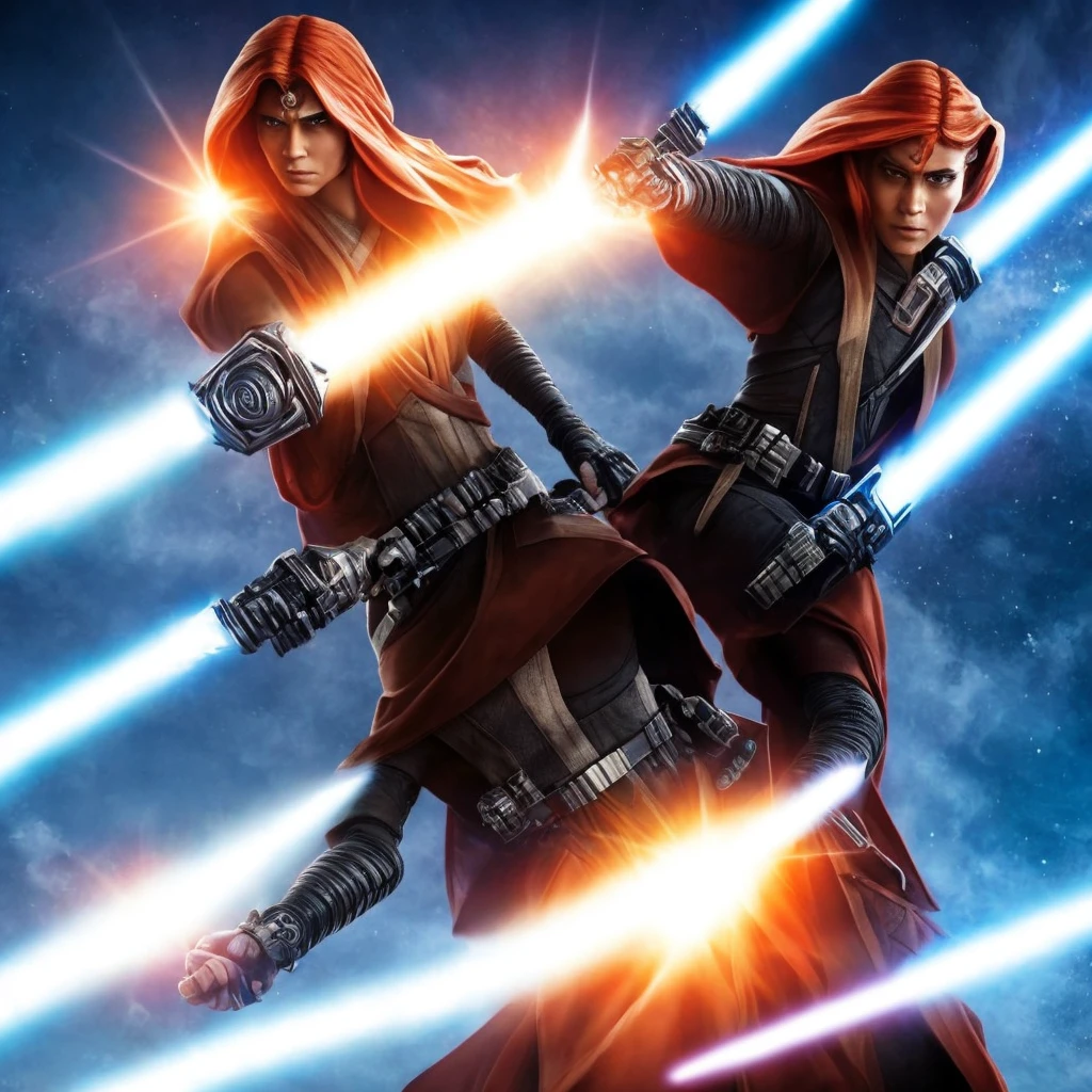 a beautiful light orange human, sunset shimmer, Jedi Knight wearing a black robe and pants, black boots, silver hilt blue bladed lightsaber, highly detailed face and features, detailed mechanical hand, cinematic lighting, dramatic atmosphere, rich colors, photorealistic, masterpiece, Star Wars, Imperial Star Destroyer in the background