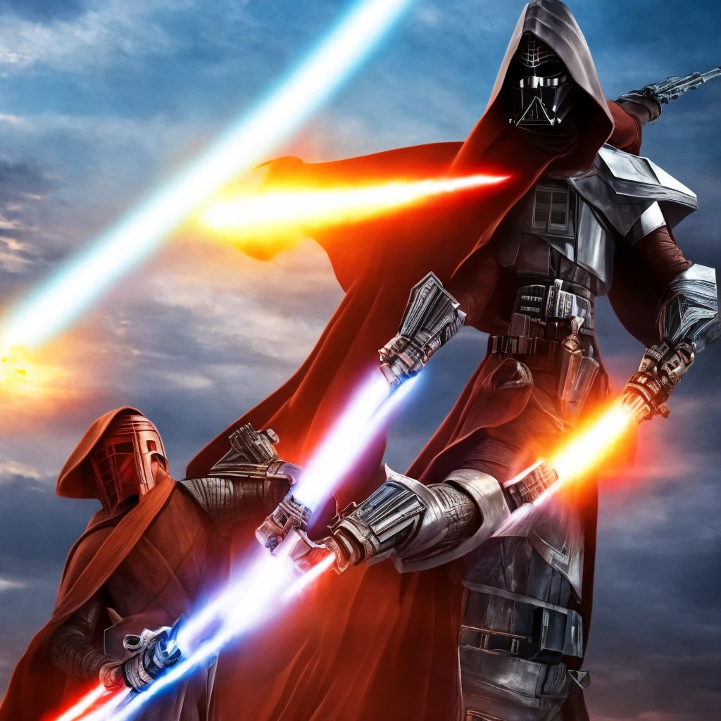 a beautiful light orange human, sunset shimmer, Jedi Knight wearing a black robe and pants, black boots, silver hilt blue bladed lightsaber, highly detailed face and features, detailed mechanical hand, cinematic lighting, dramatic atmosphere, rich colors, photorealistic, masterpiece, Star Wars, Imperial Star Destroyer in the background