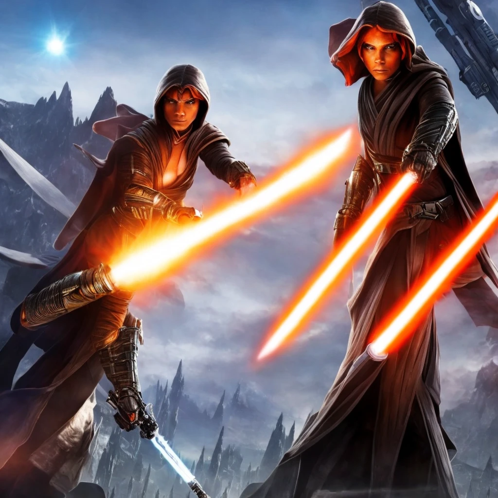 a beautiful light orange human, sunset shimmer, Jedi Knight wearing a black robe and pants, black boots, silver hilt blue bladed lightsaber, highly detailed face and features, detailed mechanical hand, cinematic lighting, dramatic atmosphere, rich colors, photorealistic, masterpiece, Star Wars, Imperial Star Destroyer in the background