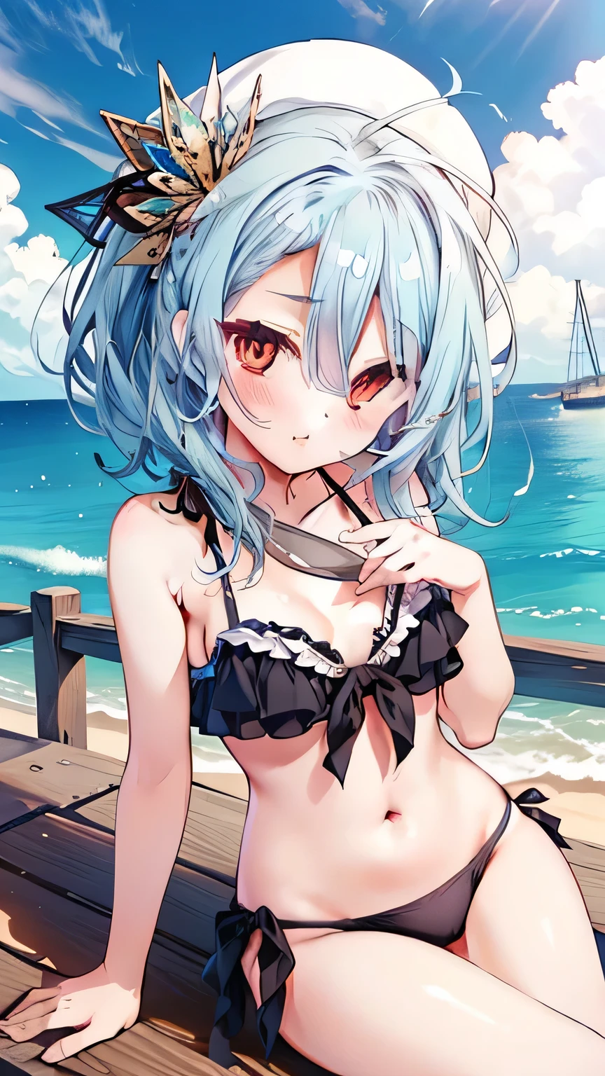 (Very detailed CG Unity 8K 壁紙),(masterpiece), (Highest quality), (Very detailed), (Best illustrations),(Best Shadow),1 Girl、Bold Pose、比基尼、Seaside、Sitting、Camel Knob