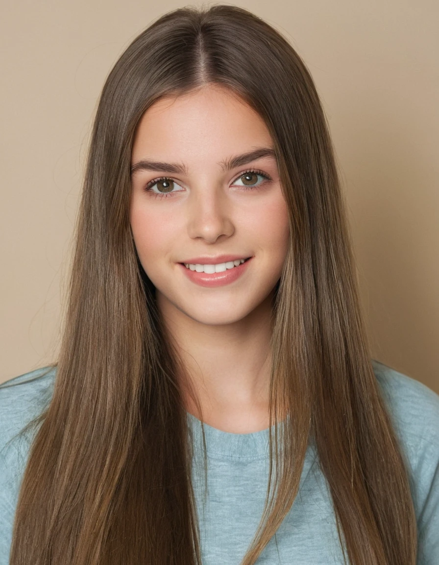 19 year old woman, pretty, very clear skin, Full mouth, long straight brown hair, styled hair, face photo, neutral facial expression, looking at the camera, realisitic