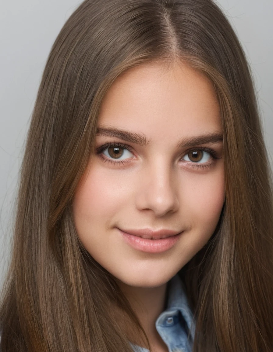 19 year old woman, pretty, very clear skin, Full mouth, long straight brown hair, styled hair, face photo, neutral facial expression, looking at the camera, realisitic