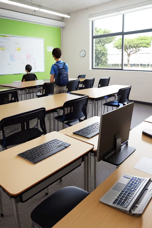 enviroment: Modern classroom with tables and chairs, computers or tablets arranged on tables.
Personagens:

    A student (John) sitting down, PENSATIVE, maybe looking at a computer or notebook.
    Another student (raimundo) ao lado de John, showing something on the computer or handing over a digital currency (can be a digital currency illustration or icon).
    a teacher (polycarp) Ao fundo, observando a sala ou olhando com um olhar sério na direção de John.
    A third student (Curvelo) somewhere in the room, observando a troca entre John e raimundo.

Additional Elements: White or interactive boards on the walls, well-lit environment, modern details like backpacks, textbooks, etc.
