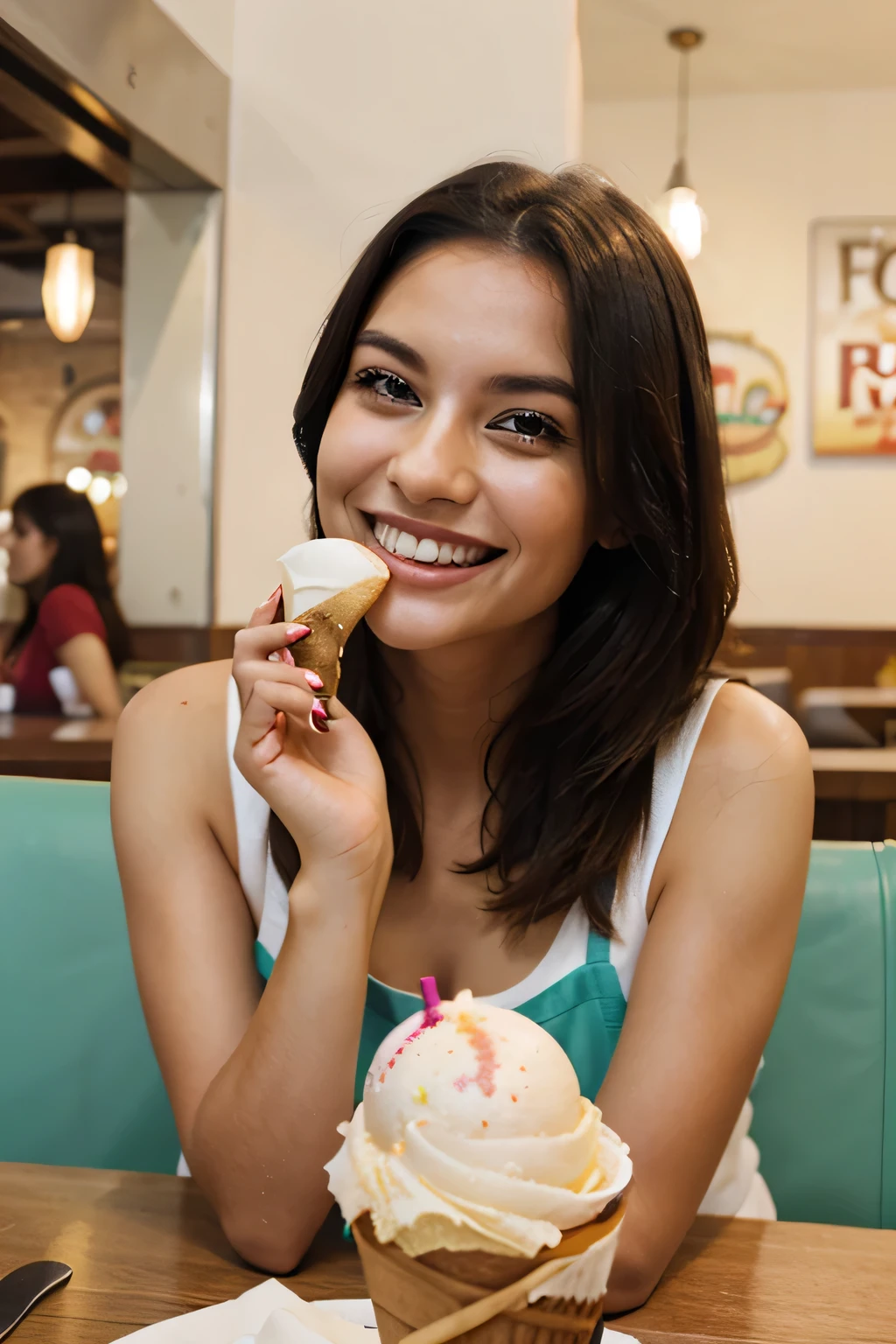 smiling woman with ice cream in restaurant