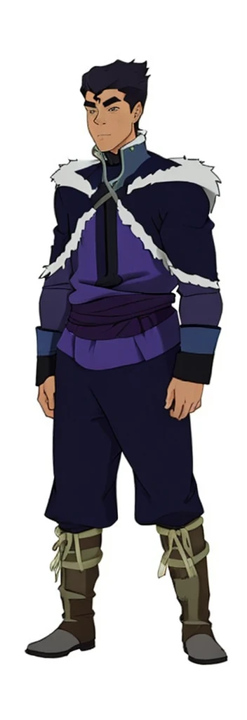African-American, Bolin, water tribe traditional clothing mixed of blue and purple, with fur in shoulders and neck. Long sleeve, skinny, water tribe outfit. The character is wearing a blue, short-sleeved tunic with gold trim and fastenings down the front and fur collar, and fur on the shoulders. He has on dark purple pants tucked into knee-high boots. A green sash is tied around his waist. The overall style appears to be inspired by traditional East Asian clothing designs., fur on sleeves and shoulders, clothing mixed of water tribe purple and blue color and dark purple pants and skinny 