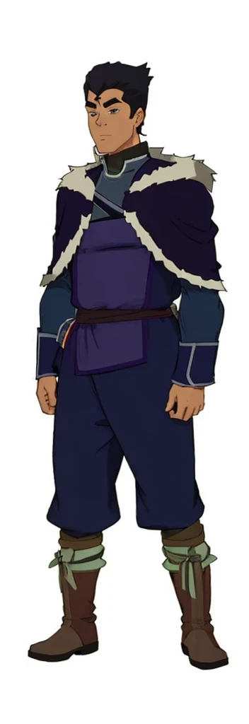 African-American, Bolin, water tribe traditional clothing mixed of blue and purple, with fur in shoulders and neck. Long sleeve, skinny, water tribe outfit. The character is wearing a blue, short-sleeved tunic with gold trim and fastenings down the front and fur collar, and fur on the shoulders. He has on dark purple pants tucked into knee-high boots. A green sash is tied around his waist. The overall style appears to be inspired by traditional East Asian clothing designs., fur on sleeves and shoulders, clothing mixed of water tribe purple and blue color and dark purple pants and skinny 