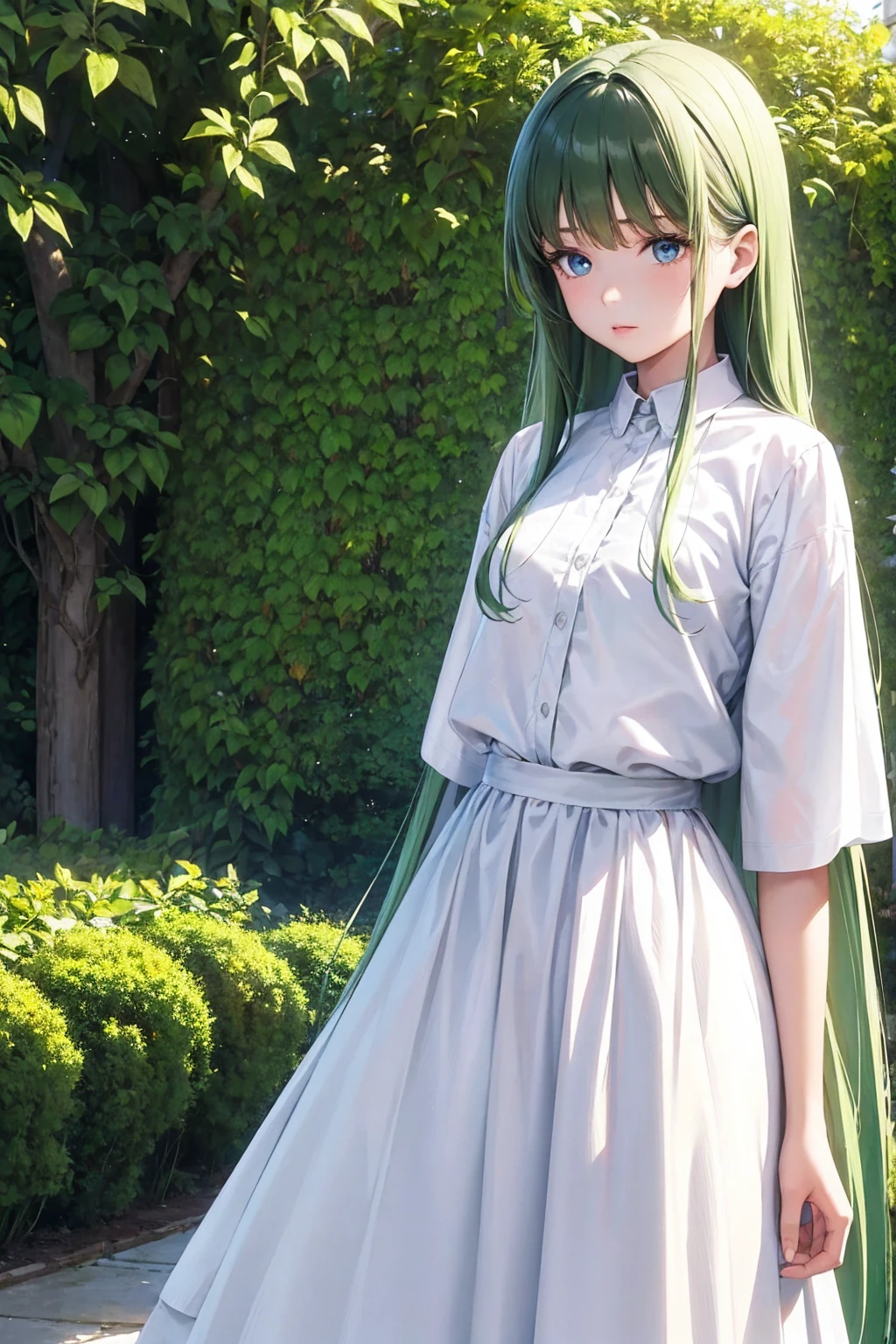Masterpiece,stunning realistic, best quality, sharpness, 1 girl,9 years old,long hair,(green hair:1),(messy hair:1),dark blue eyes,(arms behind back:1),standing in a garden,white very big shirt,white very long shirt,very long skirt