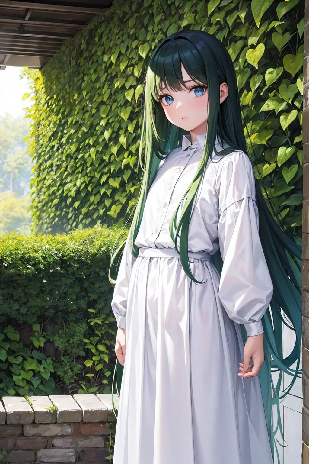 Masterpiece,stunning realistic, best quality, sharpness, 1 girl,,long hair,(green hair:1),(messy hair:1),dark blue eyes,(arms behind back:1),standing in a garden,white very big shirt,white very long shirt,very long skirt