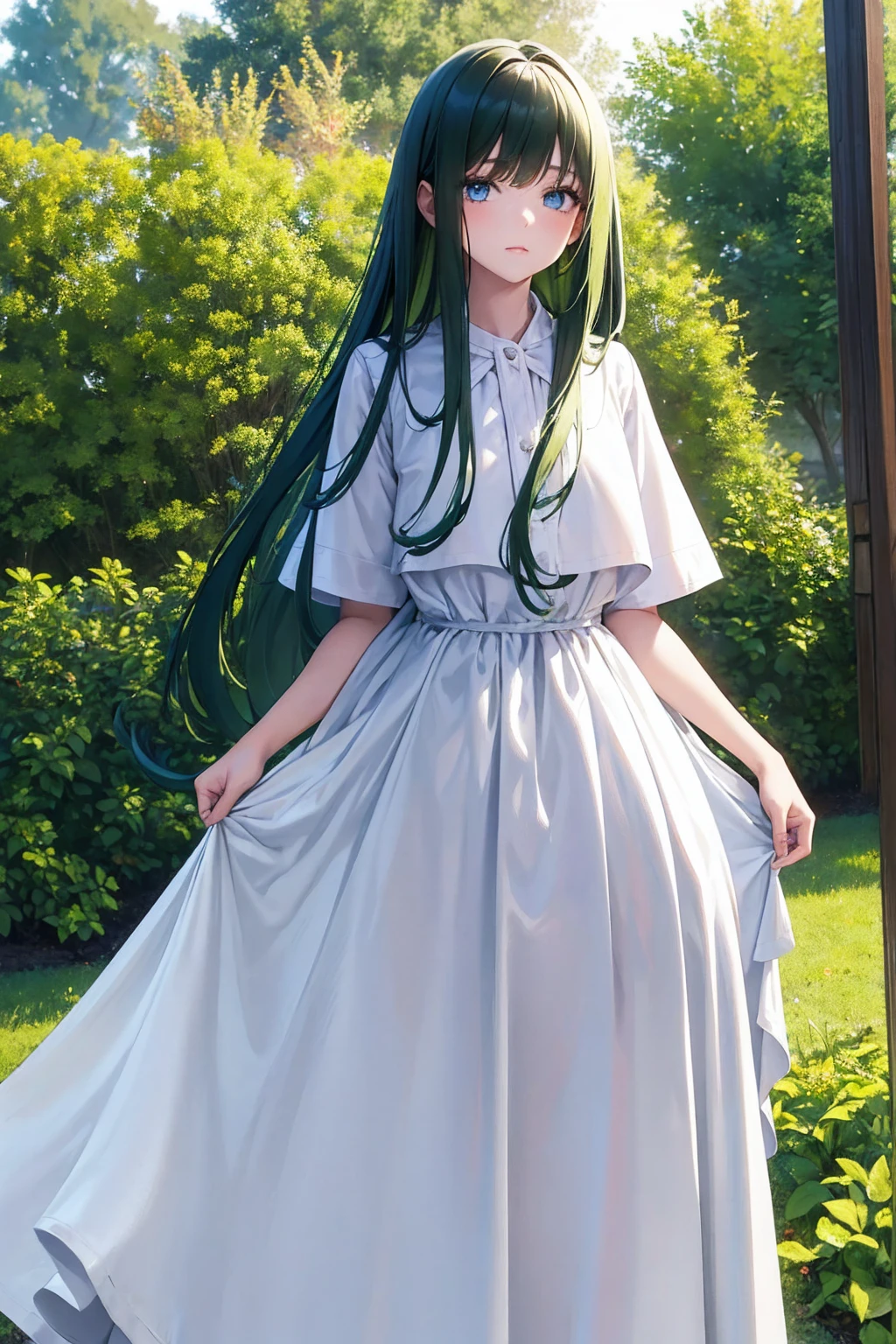 Masterpiece,stunning realistic, best quality, sharpness, 1 girl,9 years old,long hair,(green hair:1),(messy hair:1),dark blue eyes,(arms behind back:1),standing in a garden,white very big shirt,white very long shirt,very long skirt