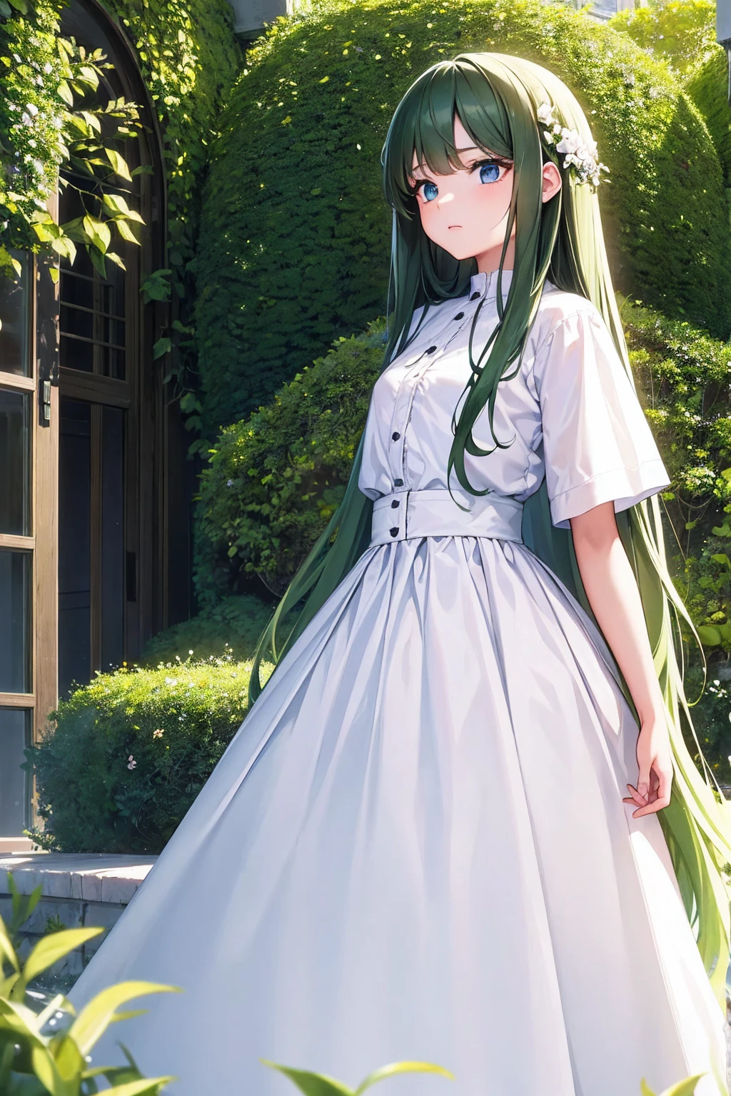 Masterpiece,stunning realistic, best quality, sharpness, 1 girl,9 ,long hair,(green hair:1),(messy hair:1),dark blue eyes,(arms behind back:1),standing in a garden,white very big shirt,white very long shirt,very long skirt