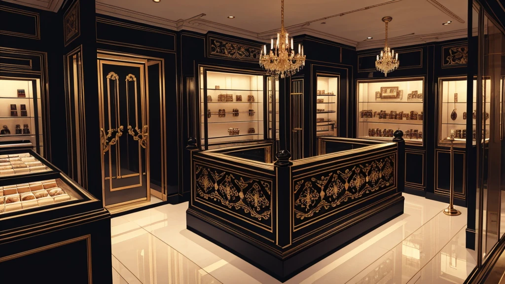 inside a jewelry store, with a balcony, black color, no humans, no persons