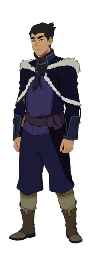 African-American, Bolin, water tribe traditional clothing mixed of blue and purple, with fur in shoulders and neck. Long sleeve, skinny, water tribe outfit. The character is wearing a blue, short-sleeved tunic with gold trim and fastenings down the front and fur collar, and fur on the shoulders. He has on dark purple pants tucked into knee-high boots. A green sash is tied around his waist. The overall style appears to be inspired by traditional East Asian clothing designs., fur on sleeves and shoulders, clothing mixed of water tribe purple and blue color and dark purple pants and skinny